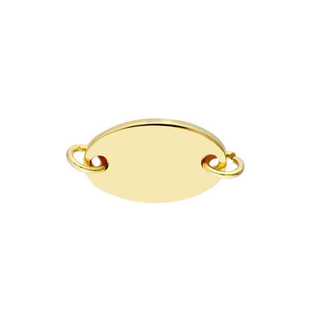 Yellow Gold Horizontal Oval Disc Charm for Permanent Bracelets. Book your permanent jewelry appointment to get it welded on to the gold chain of your choice! Bichsel Jewelry in Sedalia, MO.