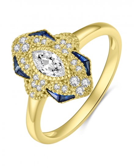 14K Yellow Gold Art Deco Vintage-Inspired 0.54ct Marquise Diamond and Sapphire Ring. Bichsel Jewelry in Sedalia, MO. Shop gemstone rings online or in-store!