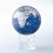 4.5" Blue & Silver World Map Spinning MOVA Globe with Acrylic Base. Powered by Ambient Light & Magnets. No cords or batteries needed. Shop online or in-store today!