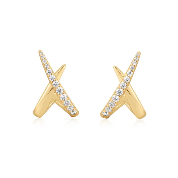 Gold Criss-Cross Polished Pavé Stud Earrings. 14K yellow gold plated on 925 sterling silver with CZ stones. Bichsel Jewelry in Sedalia, MO. Shop online or in-store today!