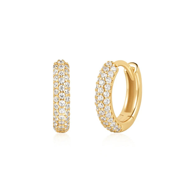 Reversible Gold Pavé Huggie Hoop Earrings. Gold plated on 925 sterling silver with CZ stones. Bichsel Jewelry in Sedalia, MO. Shop online or in-store today! 