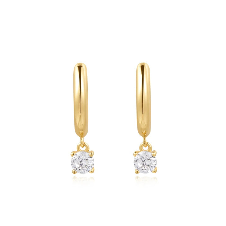 Gold Drop Solitaire Huggie Hoop Earrings, 14K Yellow Gold plated on 925 Sterling Silver with Cubic Zirconia. Bichsel Jewelry in Sedalia, MO. Shop online or in-store!