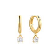 Gold Drop Solitaire Huggie Hoop Earrings, 14K Yellow Gold plated on 925 Sterling Silver with Cubic Zirconia. Bichsel Jewelry in Sedalia, MO. Shop online or in-store!