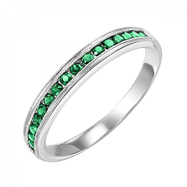 10K White Gold 0.33ct Round Emerald Stackable Band with Milgrain Edge. Bichsel Jewelry in Sedalia, MO. Shop birthstone rings, mother's rings, and gemstone styles.