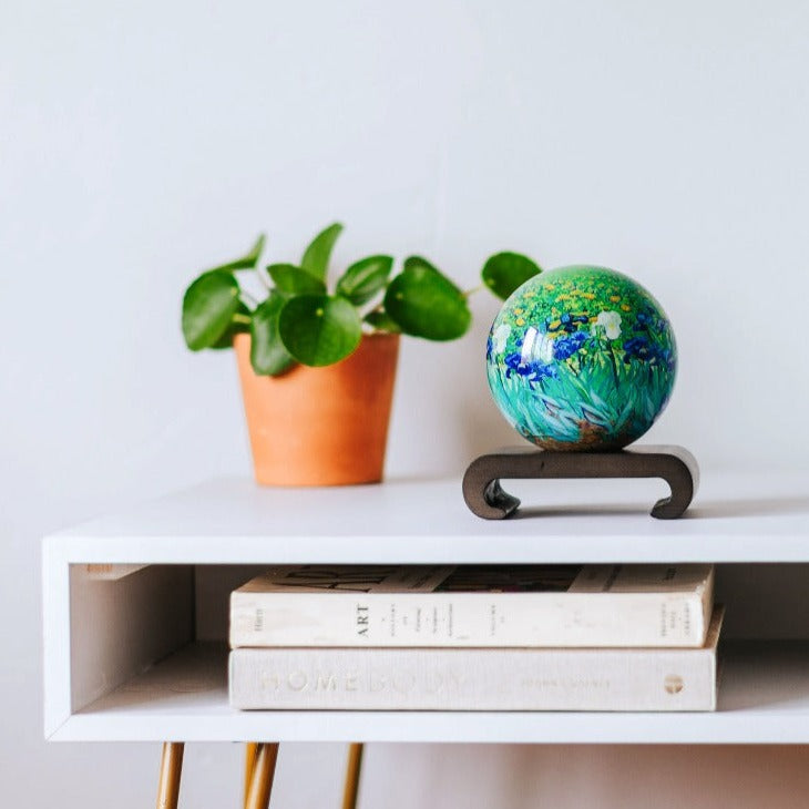 4.5" Van Gogh's Irises Painting Spinning MOVA Globe with Acrylic Base. Powered by Ambient Light & Magnets. No cords or batteries needed. Shop online or in-store today!