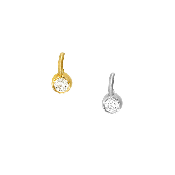 14K Yellow/White Gold Petite Diamond Bezel Dangle Charm for Permanent Bracelets. Book your permanent jewelry appointment to get it welded on to the gold chain of your choice! Bichsel Jewelry in Sedalia, MO.