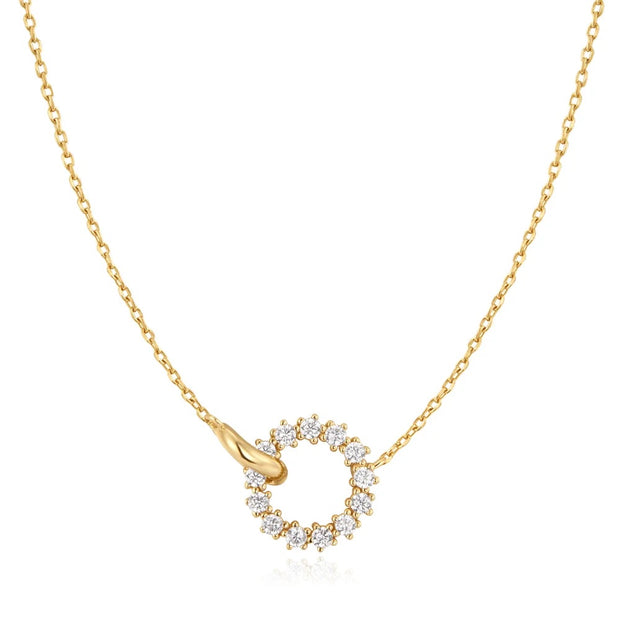 Ania Haie Gold Interlinked Circles Pave Necklace. 14K Yellow Gold plated on 925 Sterling Silver with Cubic Zirconia stones. Bichsel Jewelry in Sedalia, MO. Shop online or in-store today!